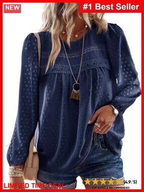Womens Boho Crochet Lace Long Sleeve Crew Neck Tunics Blouse
